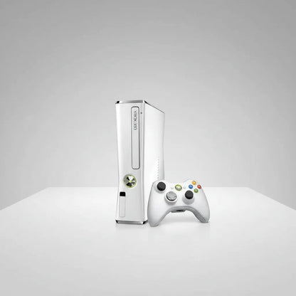 White modded Xbox 360 Slim standing upright with controller, RGH preloaded games console – ModxGaming UK