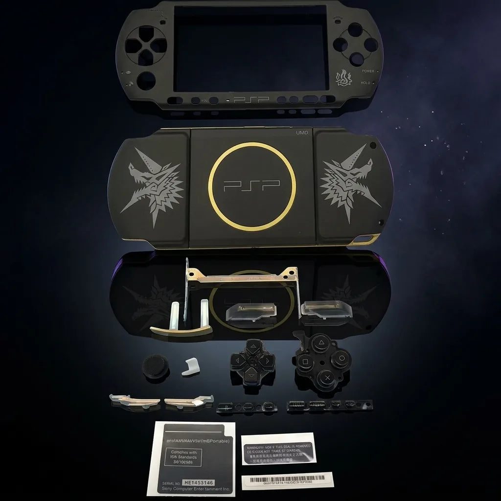 Monster Hunter edition black PSP 2000/3000 Slim shell in exploded view with gold emblem, modded PSP housing kit UK