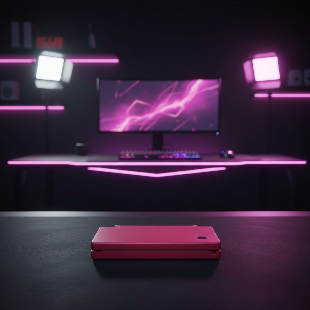 Bright pink Neon Blossom DSi housing on a gaming desk with pink neon lights - ModxGaming UK