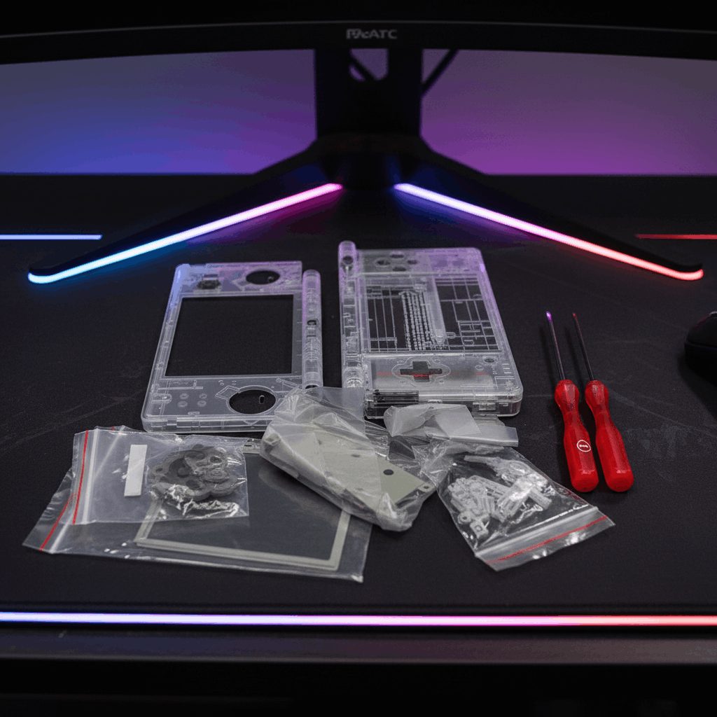 See-through Neon Tokyo DSi shell parts and tools on a gaming desk lit pink and blue - ModxGaming UK