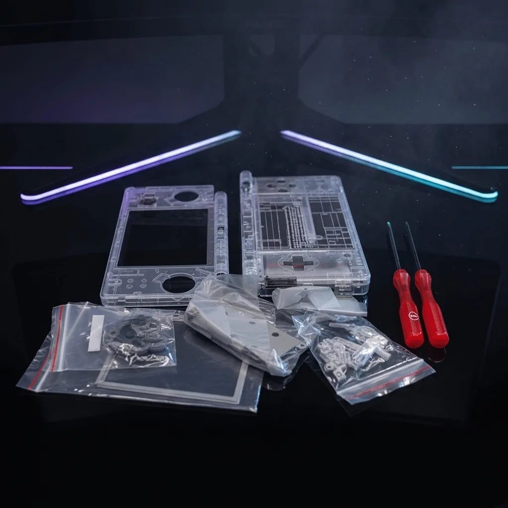 Neon Tokyo clear DSi shell mod kit with two red screwdrivers on a desk with an RGB light bar