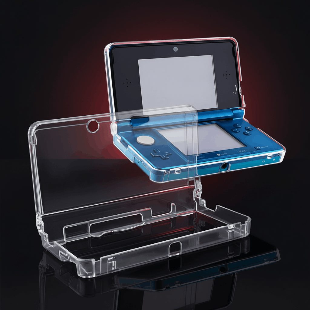 Blue Nintendo 3DS fitted in a clear crystal hard case, open view under red studio lighting, buy online UK