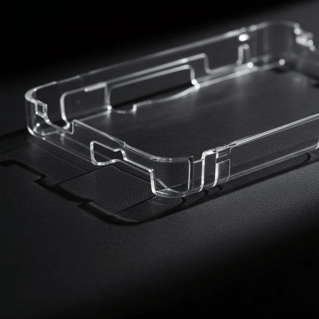 Close-up of an empty clear crystal hard shell case for the Nintendo 3DS showing precise moulded cutouts, UK