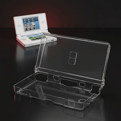 White Nintendo DS Lite open next to a clear crystal hard shell case with precise button cutouts, ModxGaming UK