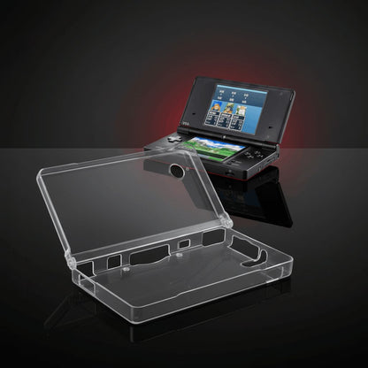 Nintendo DSi playing a game beside a clear crystal hard shell protective case on a dark backdrop, buy online UK