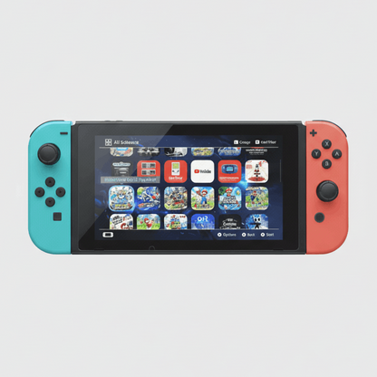 Modded Nintendo Switch with red and blue Joy-Cons, custom firmware, 64-256GB SD and pre-loaded games