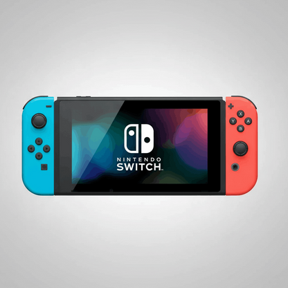 Nintendo Switch console with neon blue and red Joy-Cons showing logo on screen