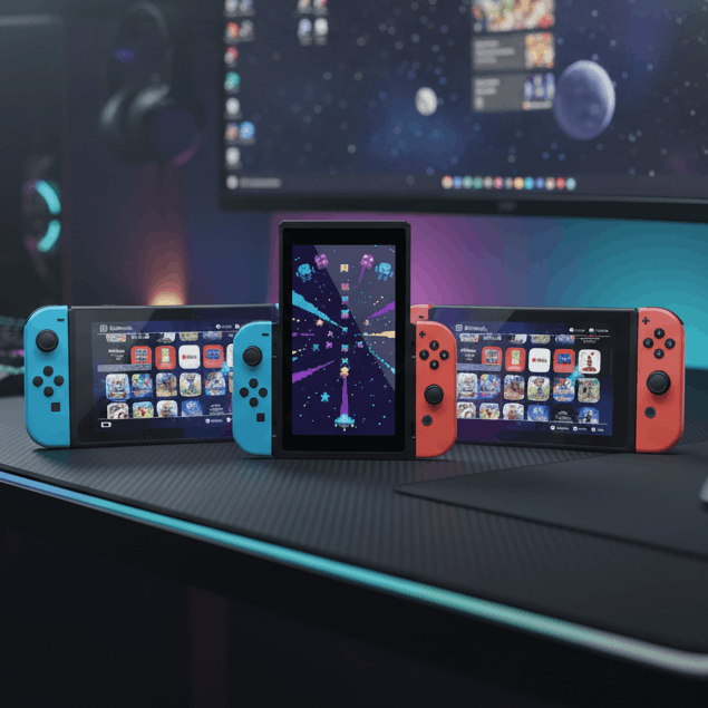 Modded Nintendo Switch bundle with custom firmware, 64-256GB SD card, pre-installed games and emulators plus vertical grip mount