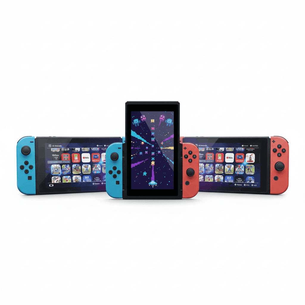 Nintendo Switch modded console showing custom firmware interface with 64-256GB storage and pre-loaded games