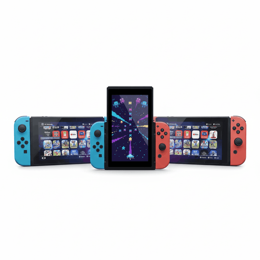 Nintendo Switch modded console showing custom firmware interface with 64-256GB storage and pre-loaded games