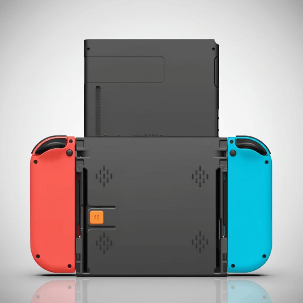 Rear view of Flip Grip bracket on Nintendo Switch with red and blue Joy-Cons – durable ABS vertical grip with microSD access