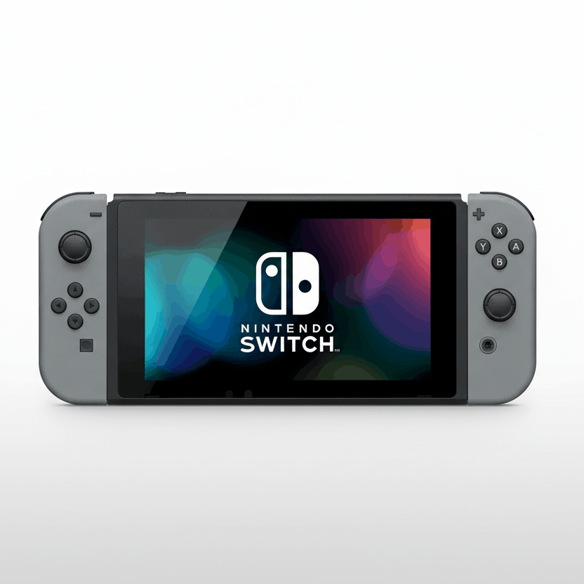 Nintendo Switch console with gray Joy-Cons showing logo on screen