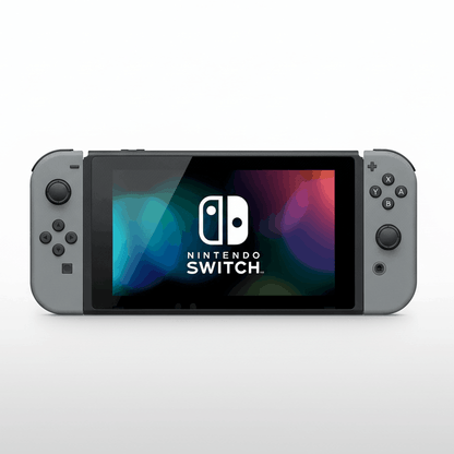 Nintendo Switch console with gray Joy-Cons showing logo on screen