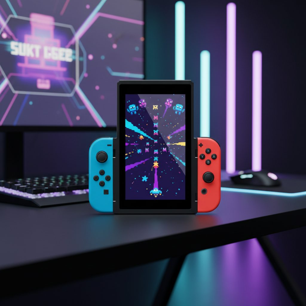 Nintendo Switch in Flip Grip vertical grip on a gaming desk with neon LED lights – ergonomic Switch OLED accessory UK