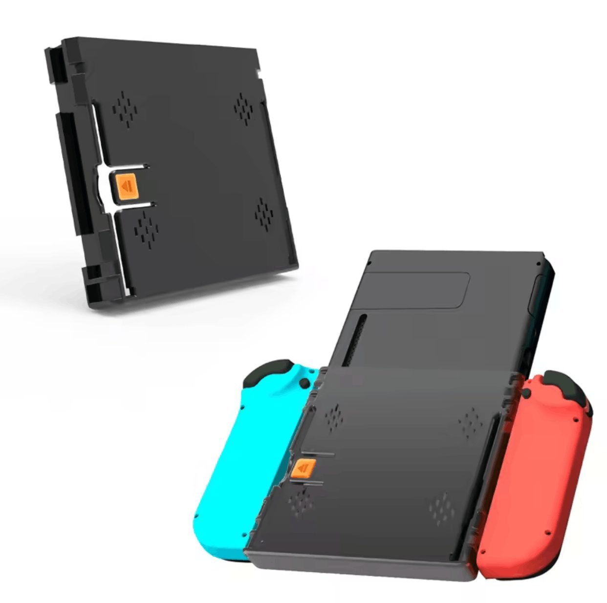 Nintendo Switch vertical grip mount shown from the back with Joy-Cons attached, ergonomic bundle add-on UK