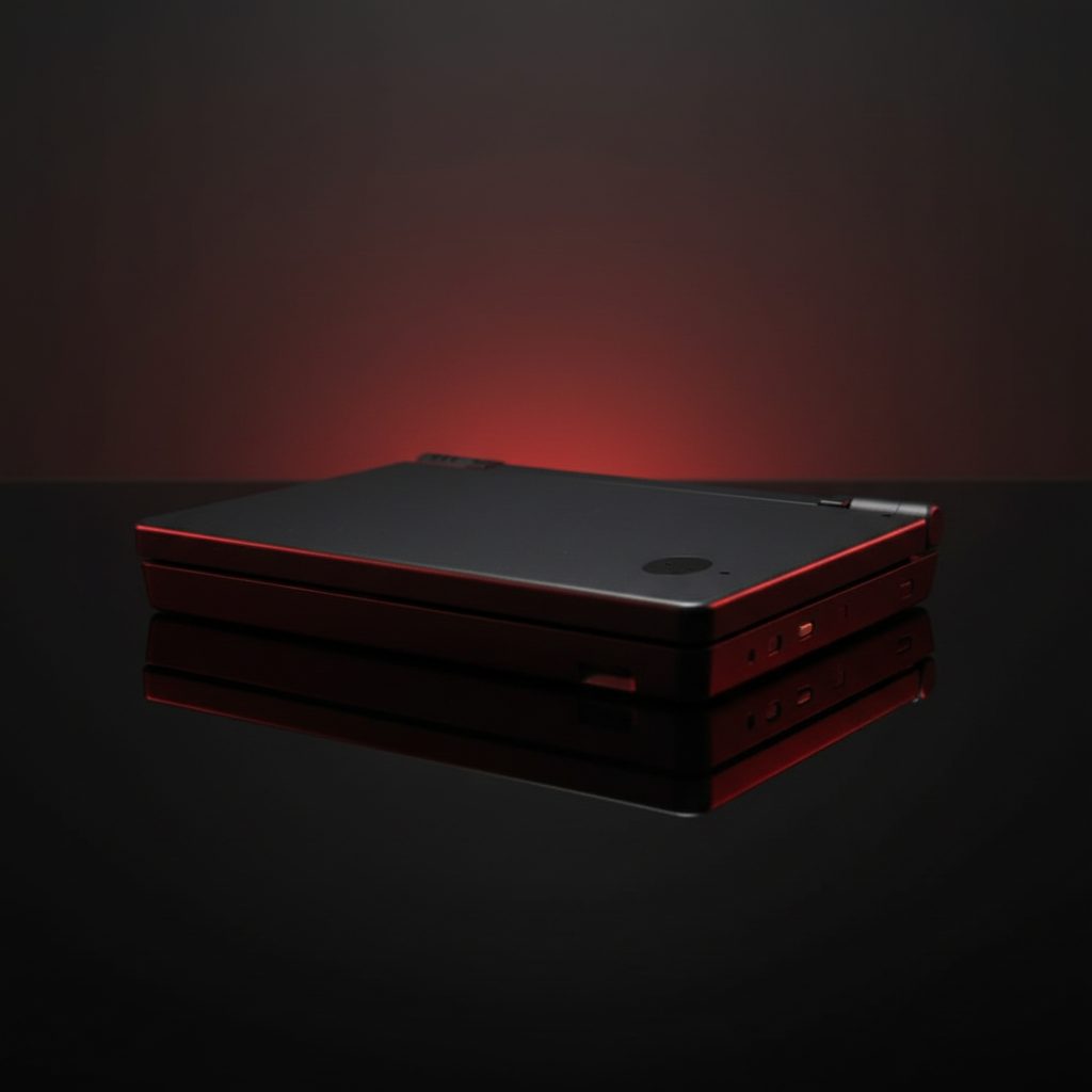 Black Nova Shift DSi housing with a red trim line lit by a horizon glow, modded Nintendo DSi shell
