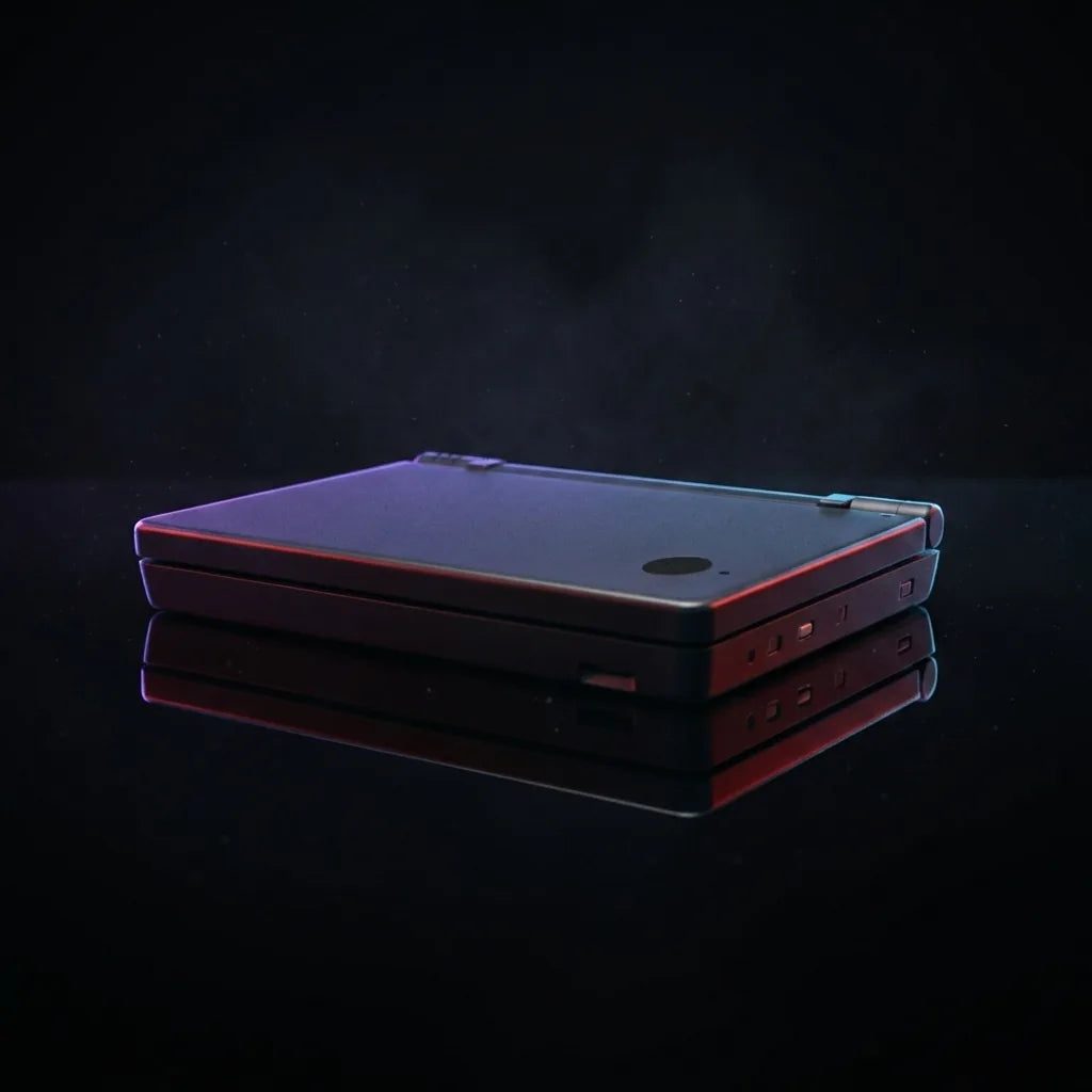 Nova Shift DSi replacement shell in black with red and purple edge glow on a reflective surface