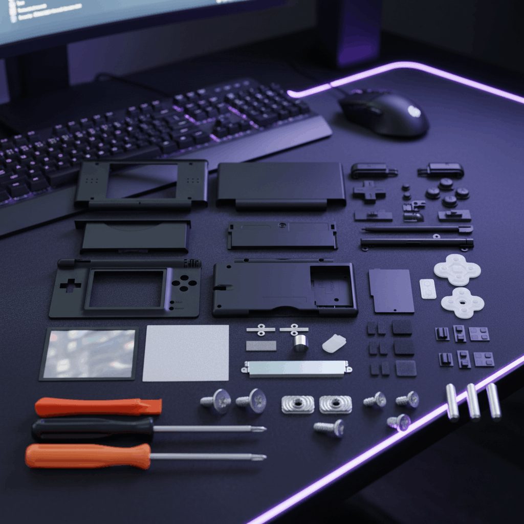 Complete black Nintendo DS Lite replacement housing components arranged on a purple RGB gaming desk, ModxGaming UK