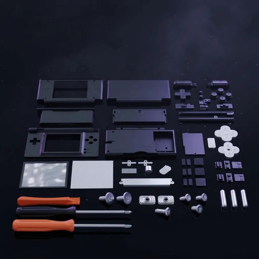 Obsidian black DS Lite replacement shell kit parts laid out on a dark backdrop, full ModxGaming UK housing set