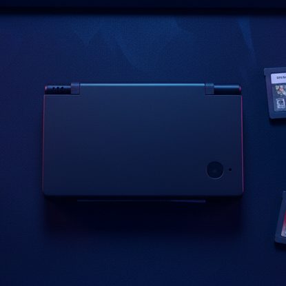 Matte black Obsidian Black DSi housing lit cool blue, modded Nintendo DSi replacement shell
