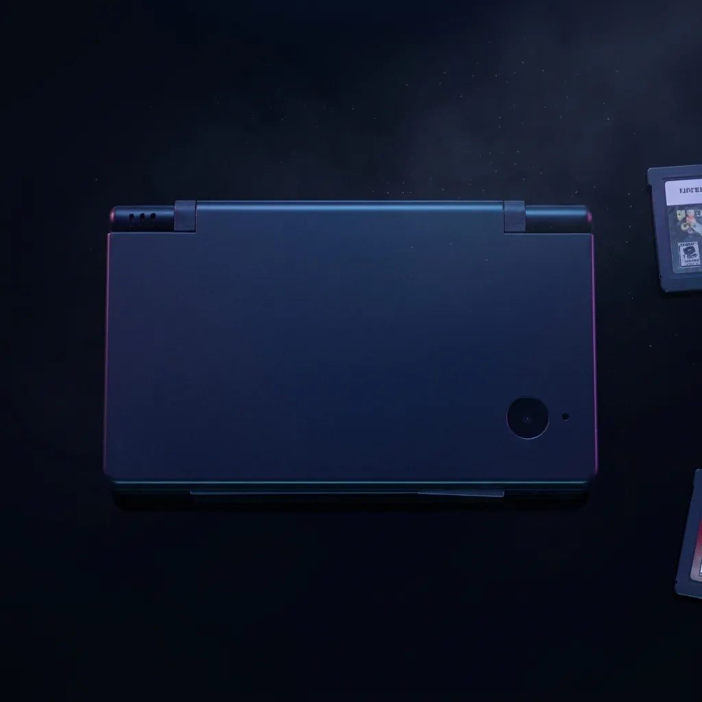 Obsidian Black DSi replacement shell with a cyan edge glow, stealth console on a dark background