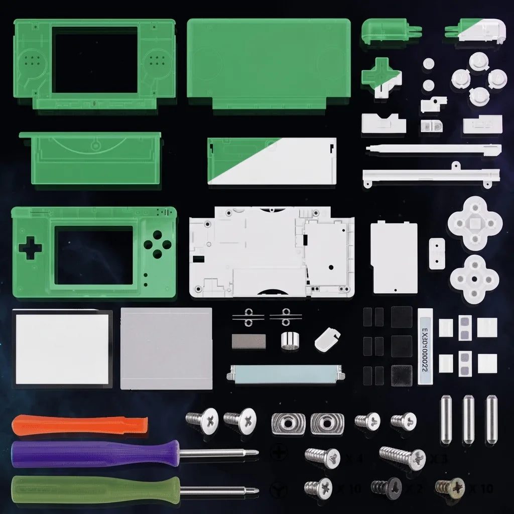 Phantom Glow green DS Lite replacement shell kit with buttons, D-pad and screwdrivers on a dark gaming desk, UK