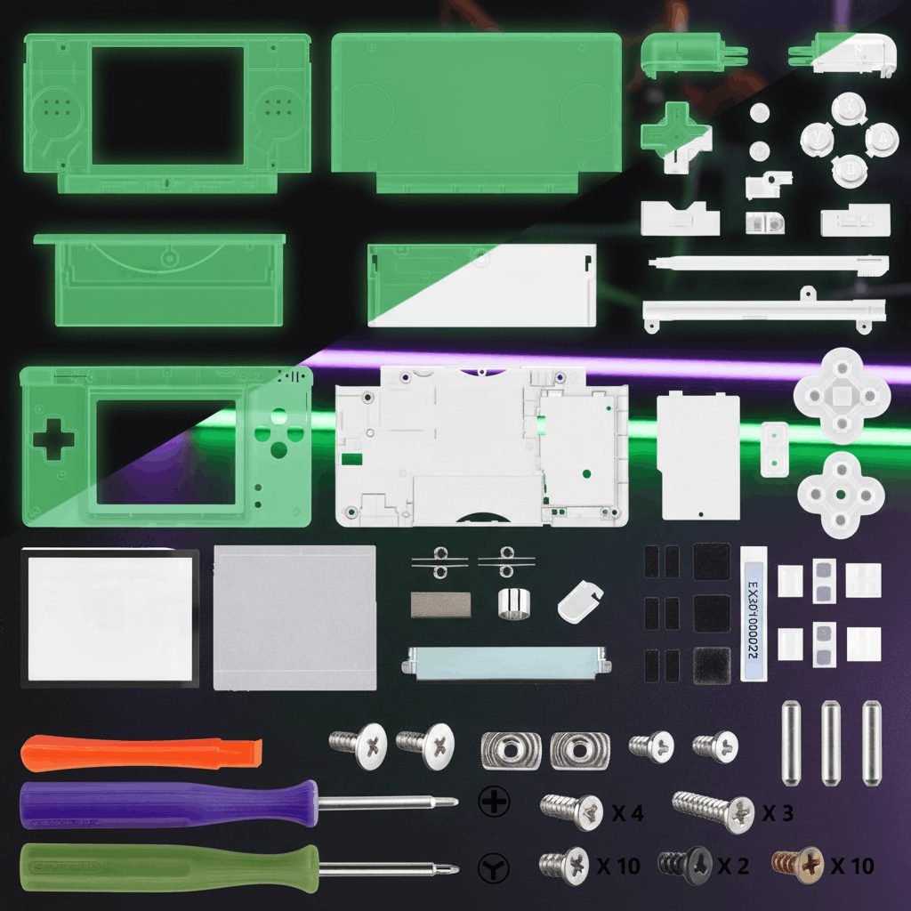 Phantom Glow DS Lite aftermarket housing kit glowing green under neon light with full button and screw set, custom DS Lite case UK
