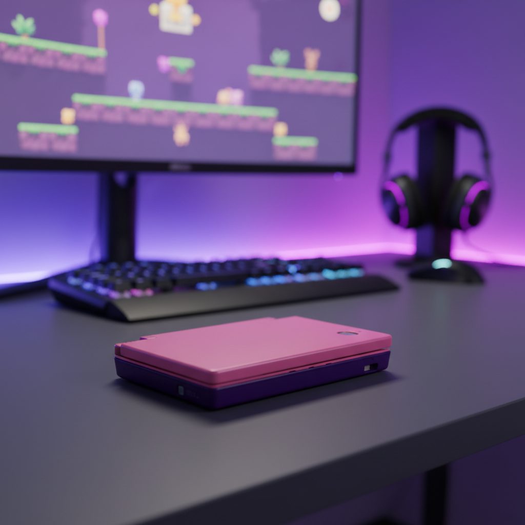 Pink and purple Phase Two DSi housing on a gaming desk with a retro platformer on screen