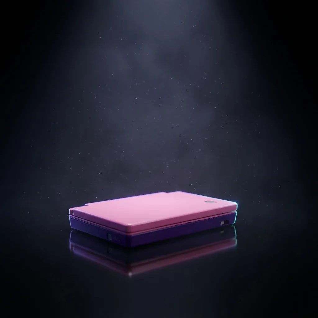 Phase Two two-tone DSi replacement shell in pink and purple on a dark reflective surface