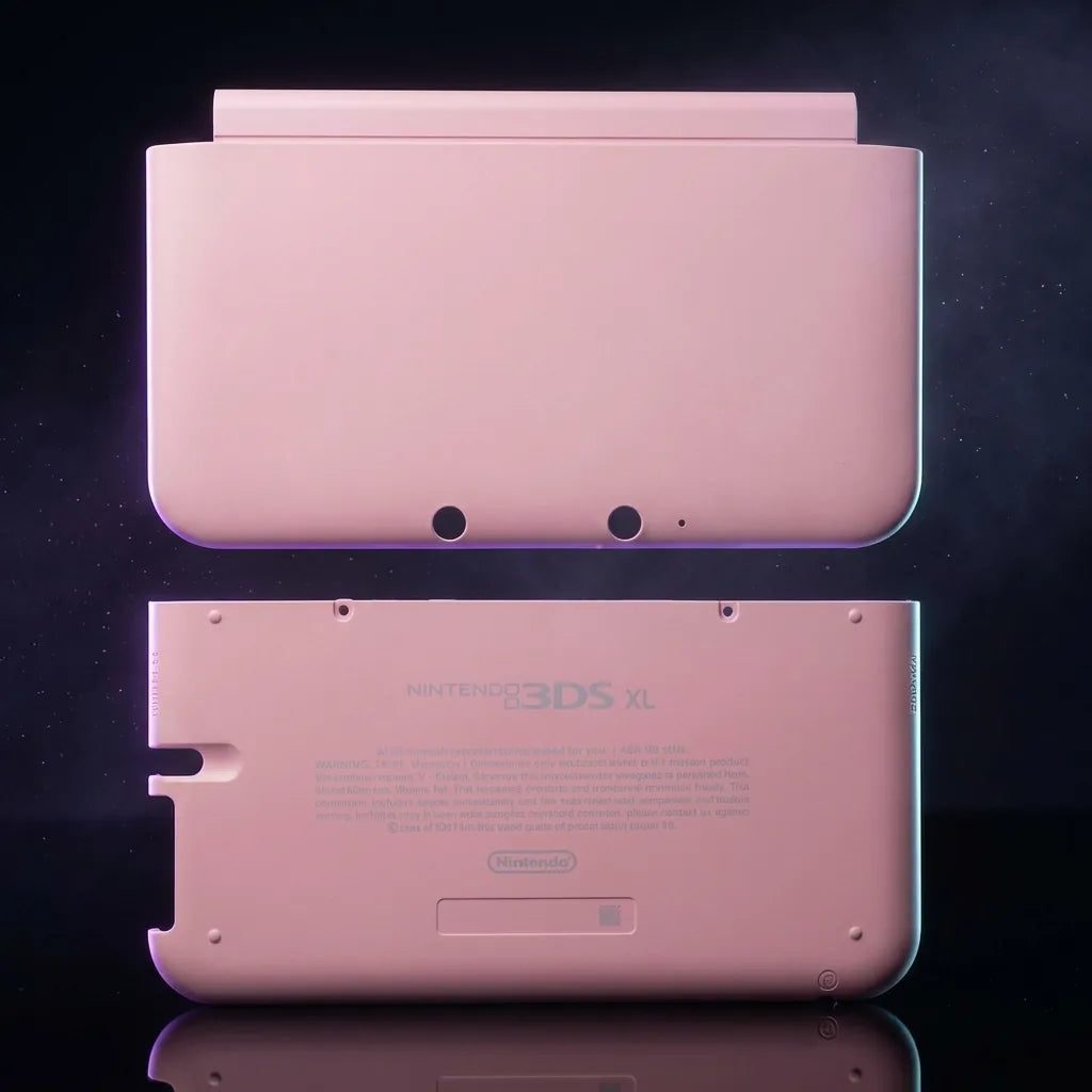 Pink Nintendo 3DS XL replacement housing shell top and bottom covers on a dark backdrop, ModxGaming UK