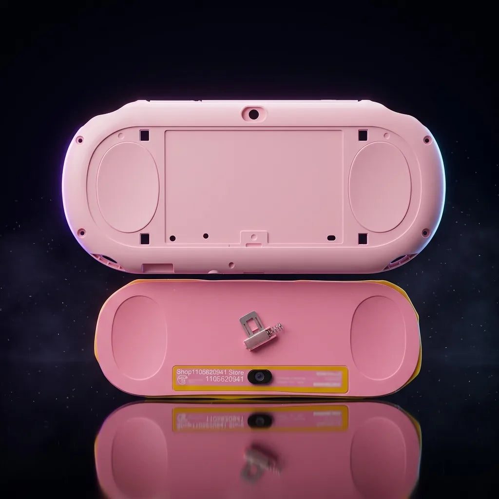 Pastel pink PS Vita 2000 Slim replacement shell housing and bottom cover on a dark background, ModxGaming UK