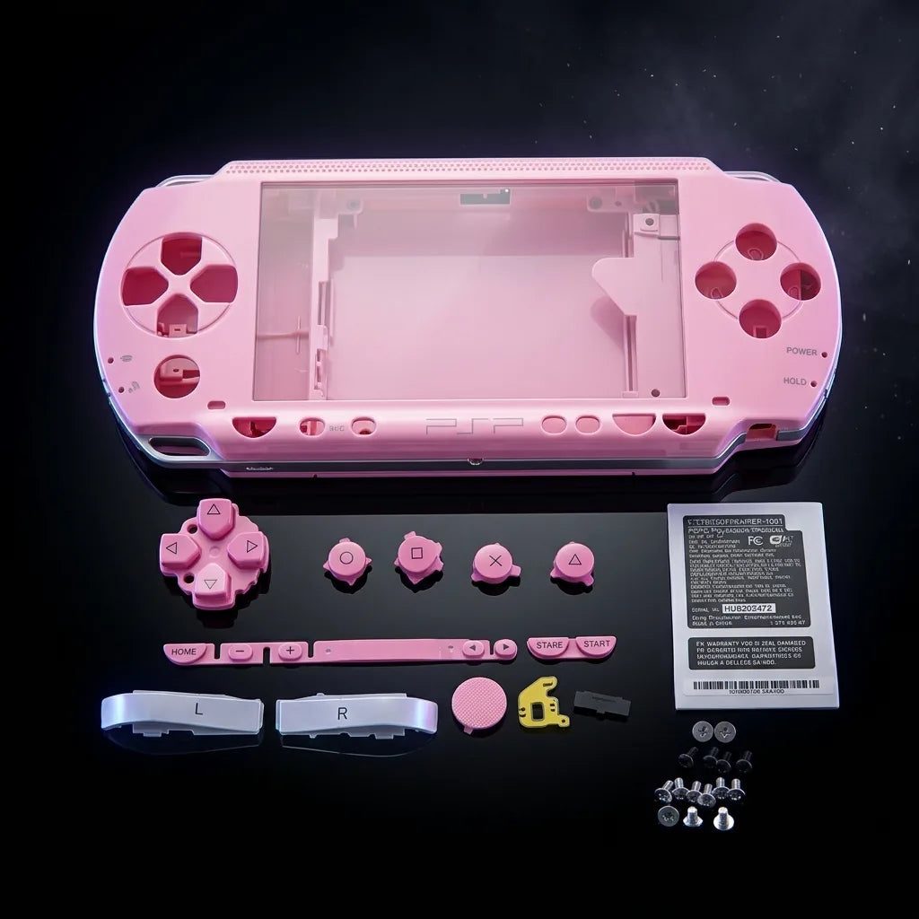 Pink PSP 1000 Phat replacement shell kit laid out with buttons and screws, modded PSP housing UK