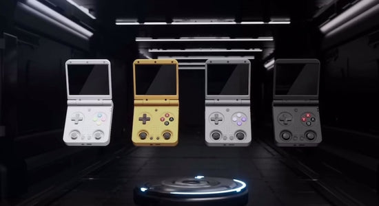  MIYOO Flip V2 retro handheld gaming console with clamshell design, 3.5-inch IPS 640×480 screen, RK3566 quad-core CPU, dual analog sticks, 1GB RAM, 64GB microSD support, Wi-Fi, Bluetooth, USB-C charging, 3000mAh battery, metal hinge, and upgraded controls for multi-system emulation.