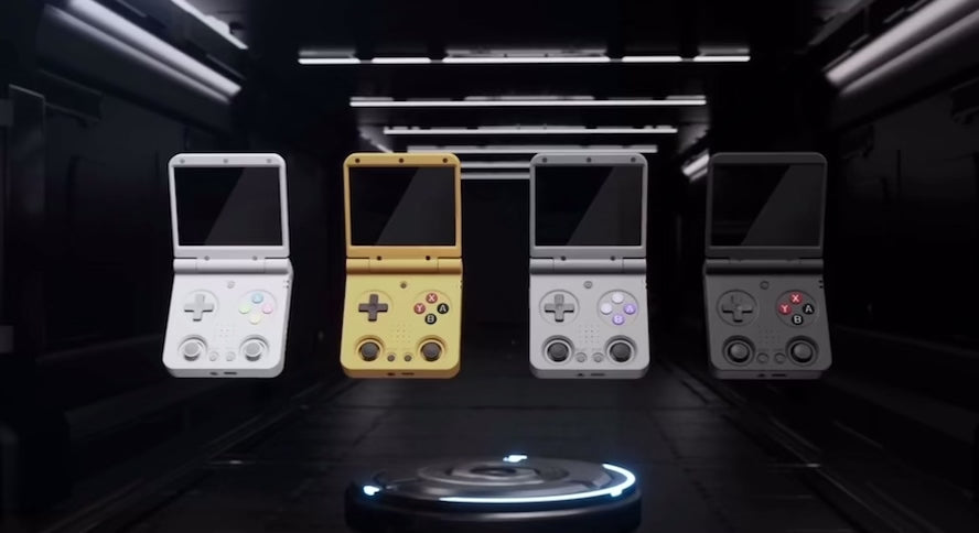  MIYOO Flip V2 retro handheld gaming console with clamshell design, 3.5-inch IPS 640×480 screen, RK3566 quad-core CPU, dual analog sticks, 1GB RAM, 64GB microSD support, Wi-Fi, Bluetooth, USB-C charging, 3000mAh battery, metal hinge, and upgraded controls for multi-system emulation.