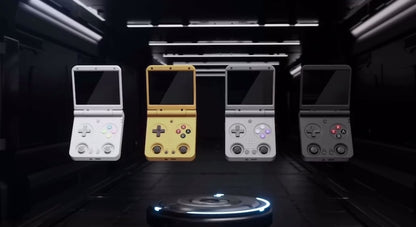  MIYOO Flip V2 retro handheld gaming console with clamshell design, 3.5-inch IPS 640×480 screen, RK3566 quad-core CPU, dual analog sticks, 1GB RAM, 64GB microSD support, Wi-Fi, Bluetooth, USB-C charging, 3000mAh battery, metal hinge, and upgraded controls for multi-system emulation.