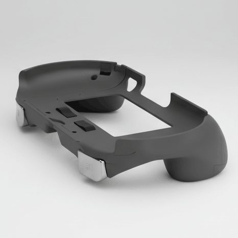 Black PS Vita 2000 grip case angled rear view showing L2 R2 trigger shell for handheld gaming, buy online UK