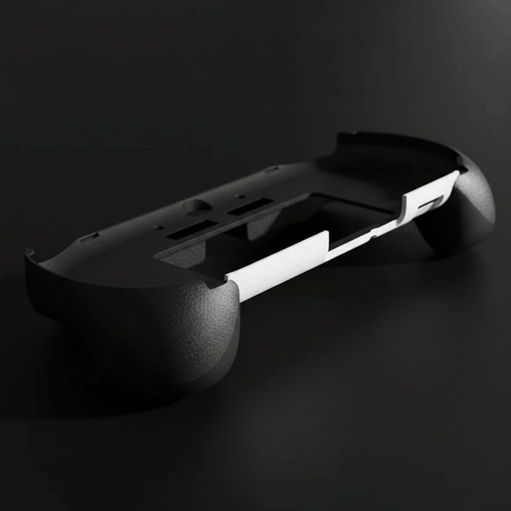 Black PS Vita 2000 grip case at an angle highlighting the ergonomic trigger shell and comfortable hand grips UK