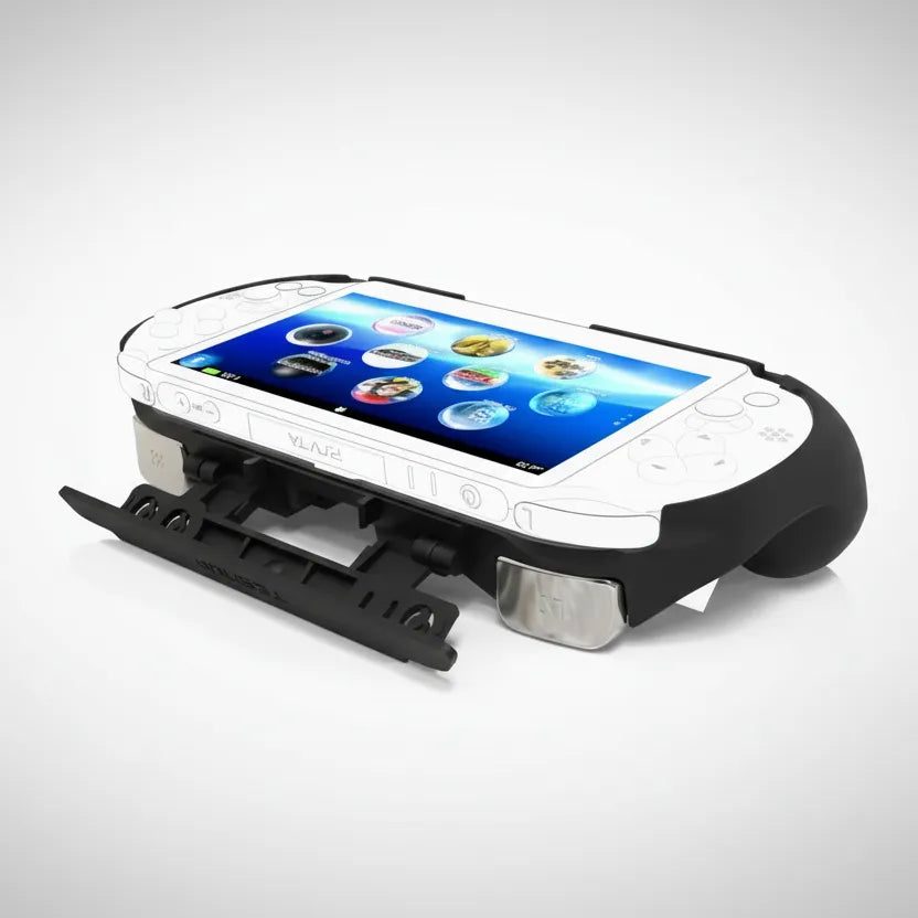 PS Vita 2000 console in black ergonomic grip with kickstand out and screen on for tabletop gaming, ModxGaming UK
