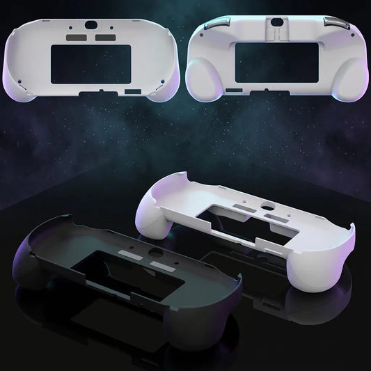 White and black PS Vita 2000 ergonomic grip case halves and assembled trigger grip on cosmic background, ModxGaming UK