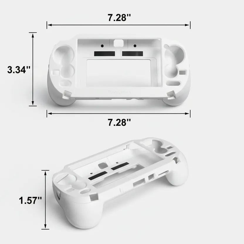 PS Vita 2000 ergonomic grip case dimensions size guide showing 7.28 inch width and 3.34 inch height for buyers UK