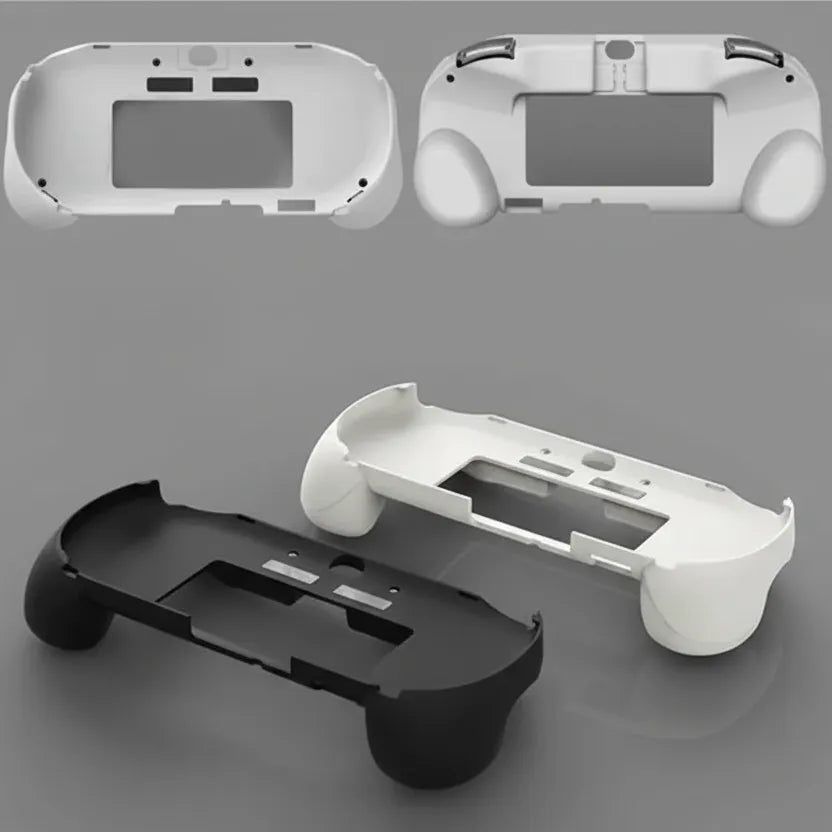 White PS Vita 2000 Slim grip case with L2 R2 trigger buttons shown as parts and assembled, buy grip online UK