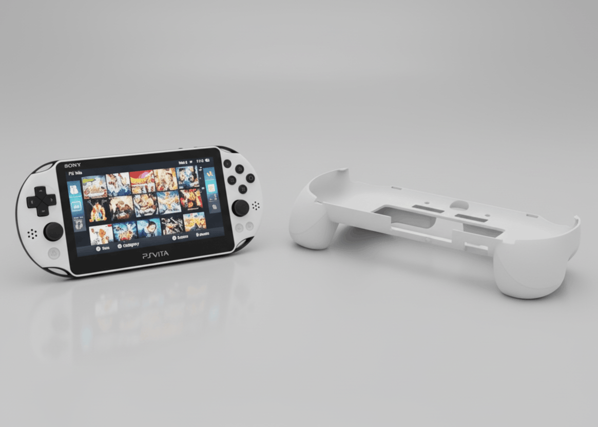  Glacier White PS Vita 2000 with ergonomic grip attachment showing button layout and screen