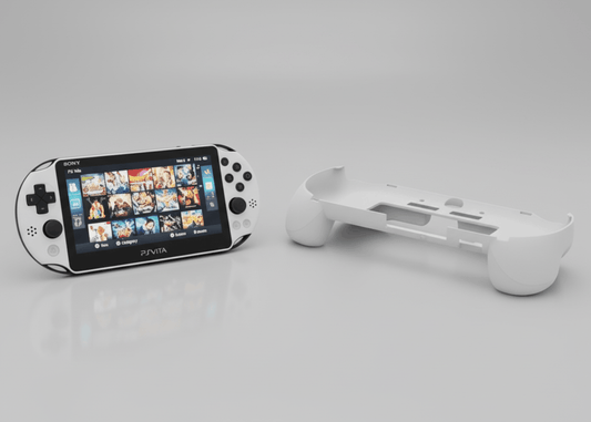  Glacier White PS Vita 2000 with ergonomic grip attachment showing button layout and screen