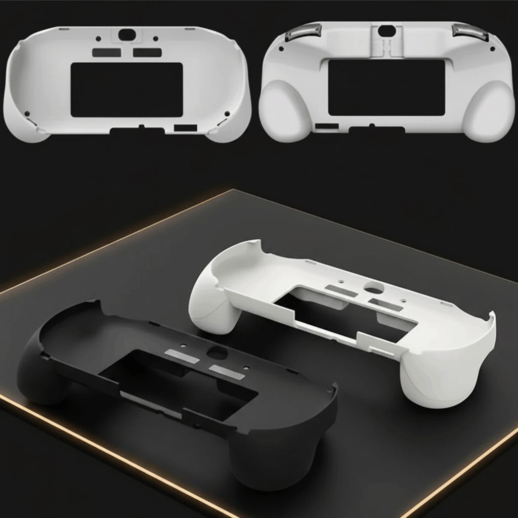 White and black PS Vita ergonomic grips shown front and back, add-on L2 R2 trigger grip for the modded Vita bundle