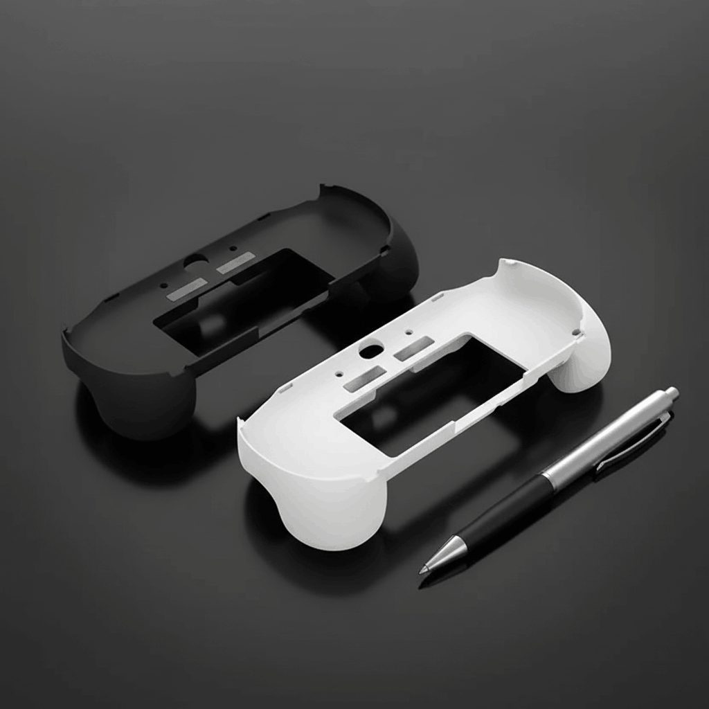 Black and white PS Vita ergonomic grips with a pen for size reference, comfortable trigger grip accessory, UK