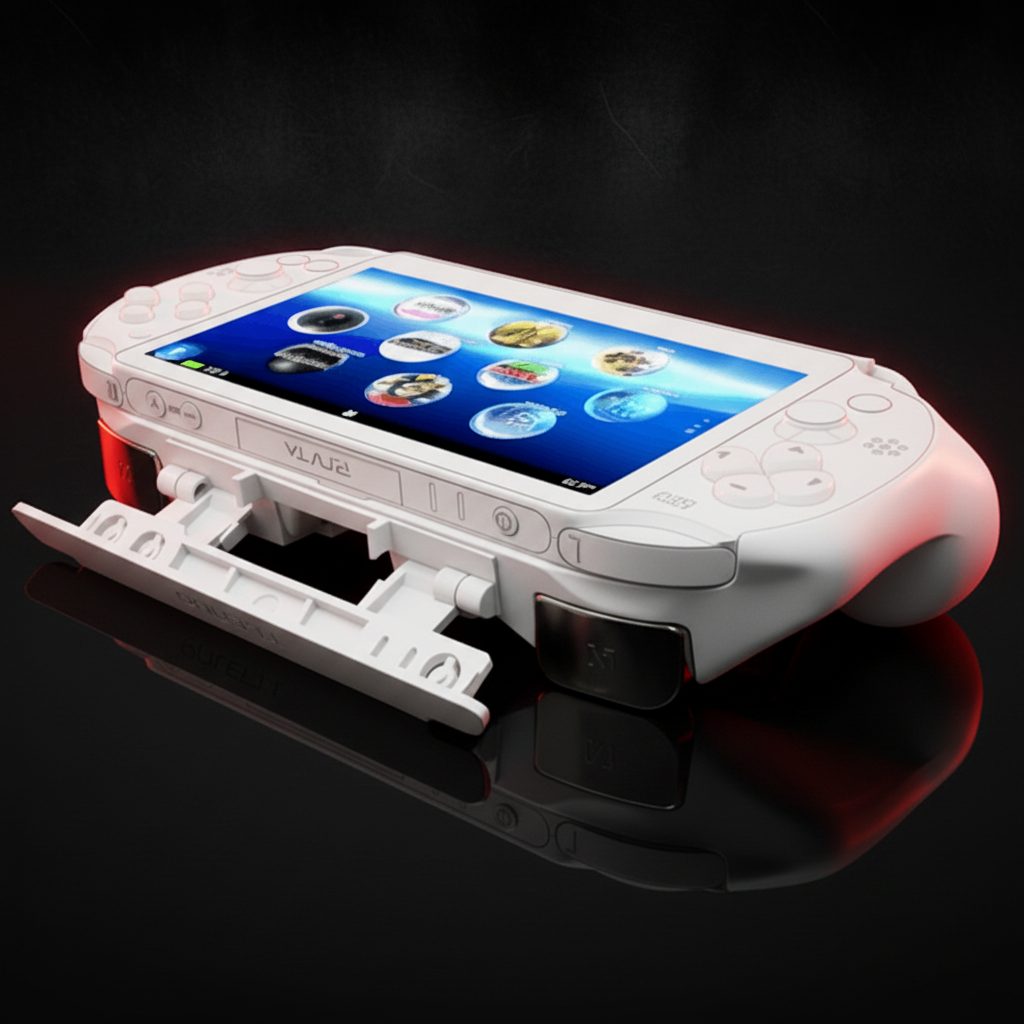 PS Vita fitted in a red and white L2 R2 trigger grip with the screen on, ergonomic modded Vita grip bundle, UK