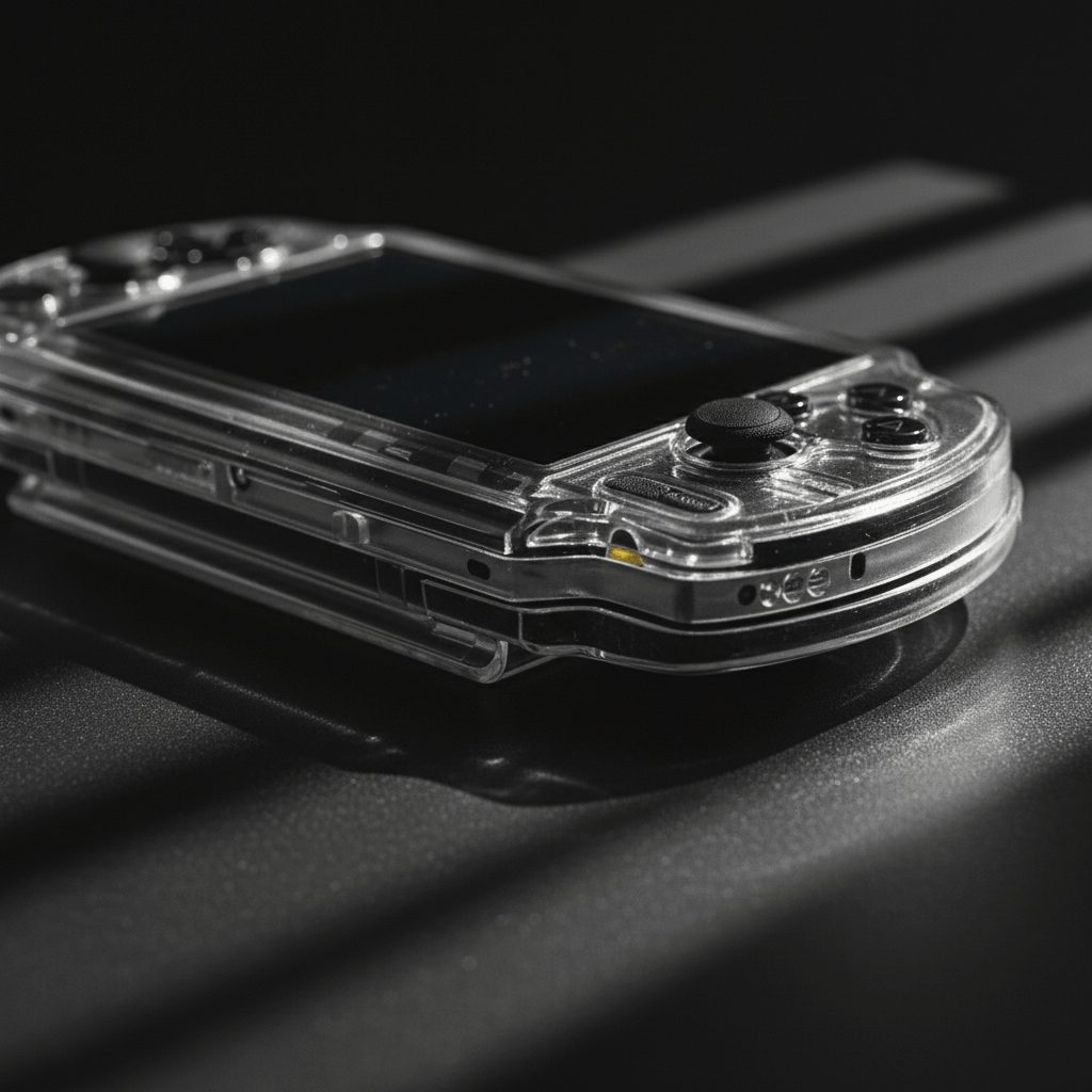 Clear crystal hard case fitted on a Sony handheld shown at an angle with precise button and port cutouts, UK