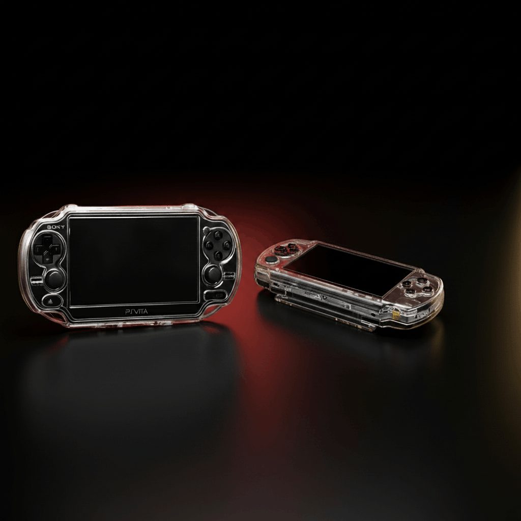 PS Vita and PSP consoles beside a slim clear crystal protective case in a studio product shot, buy online UK