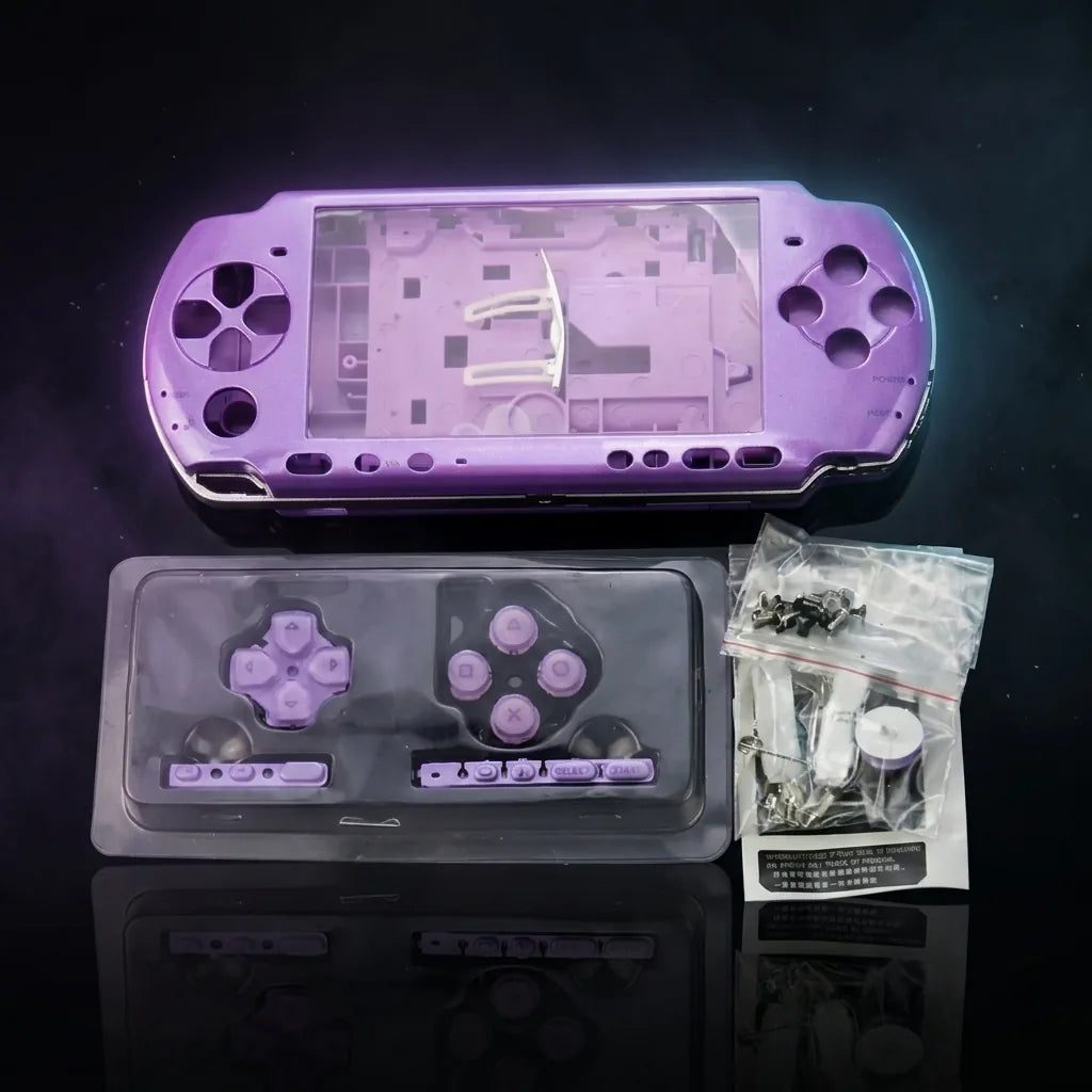 Purple PSP 2000/3000 Slim replacement shell kit laid out with buttons and screws, modded PSP housing UK