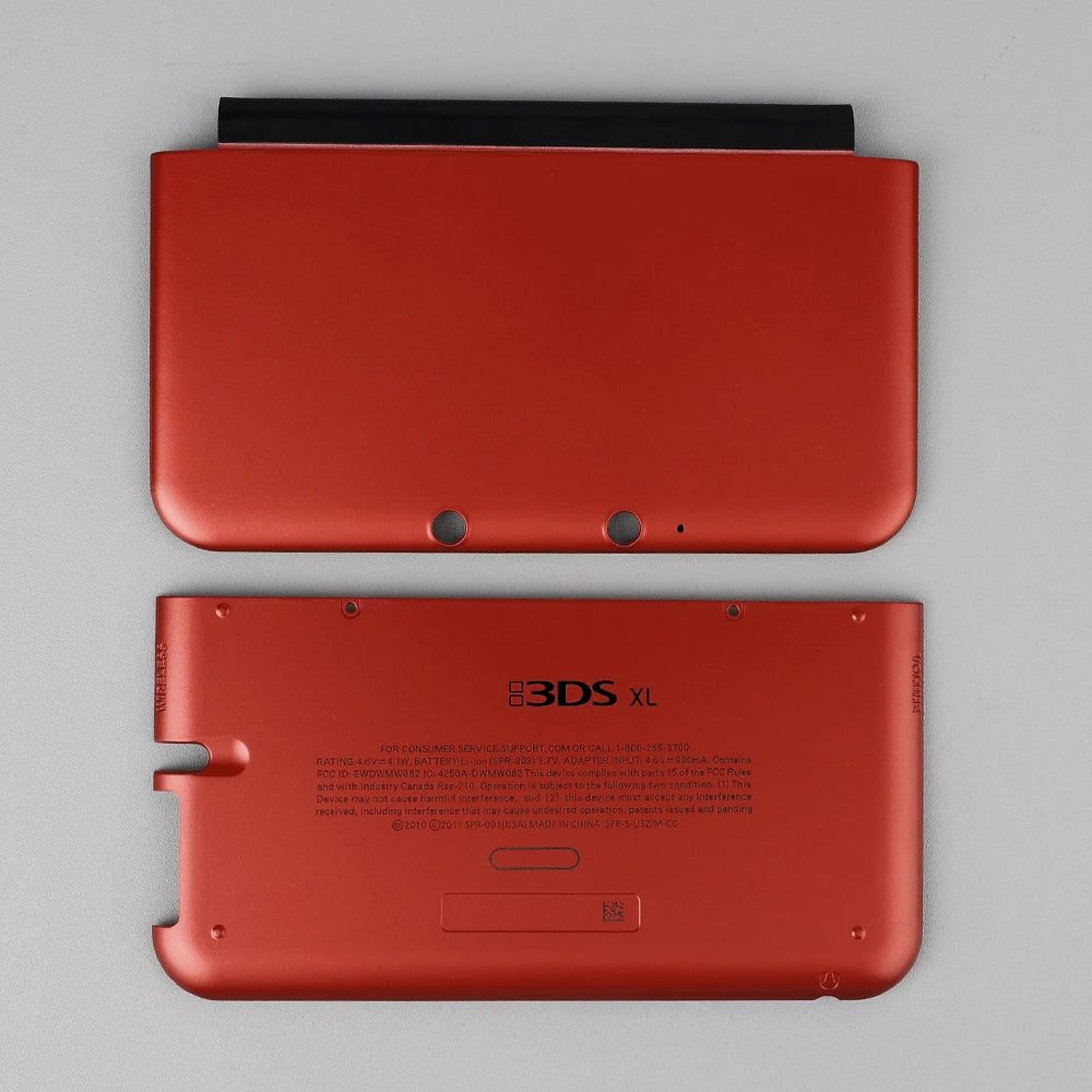 Red 3DS XL aftermarket front and back cover plates on a plain grey background, buy replacement shell online UK